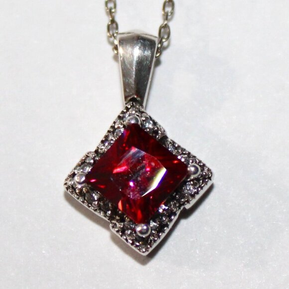 Jewelry - Sterling Silver Dark Reddish Pink Cubic Zirconia Minimalist Necklace